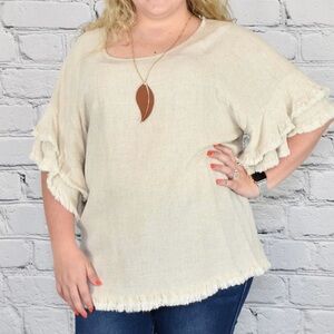 Umgee Linen Tunic Blouse Top in Oatmeal Ruffle Sleeve Frayed Hem Size Small